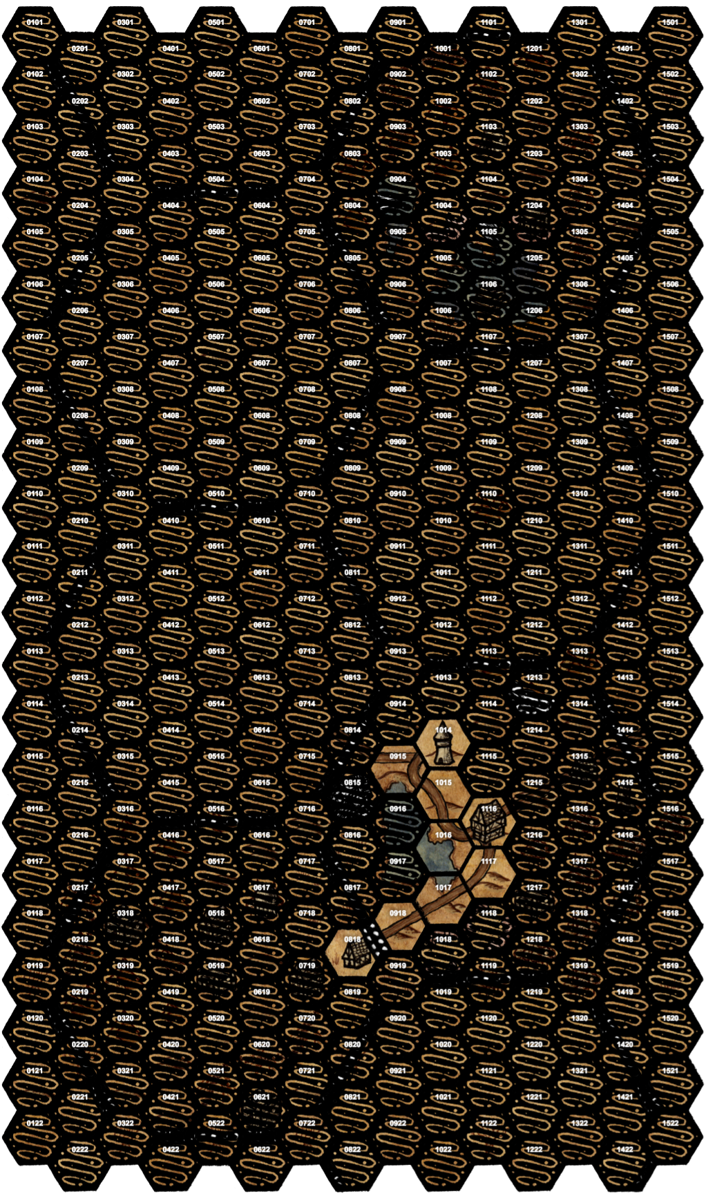 Такую карту я игрокам никогда не показывал. Места, посещённые ими за 10 сессий. Хотя, стоит сказать, что до нижней деревеньки они дошли всего за 5 реальных минут и сразу повернули обратно, а за 18+18 миль дороги ничего не встретили. Это я к тому, что нижние 4 открытых гекса можно игнорировать как "открытые".