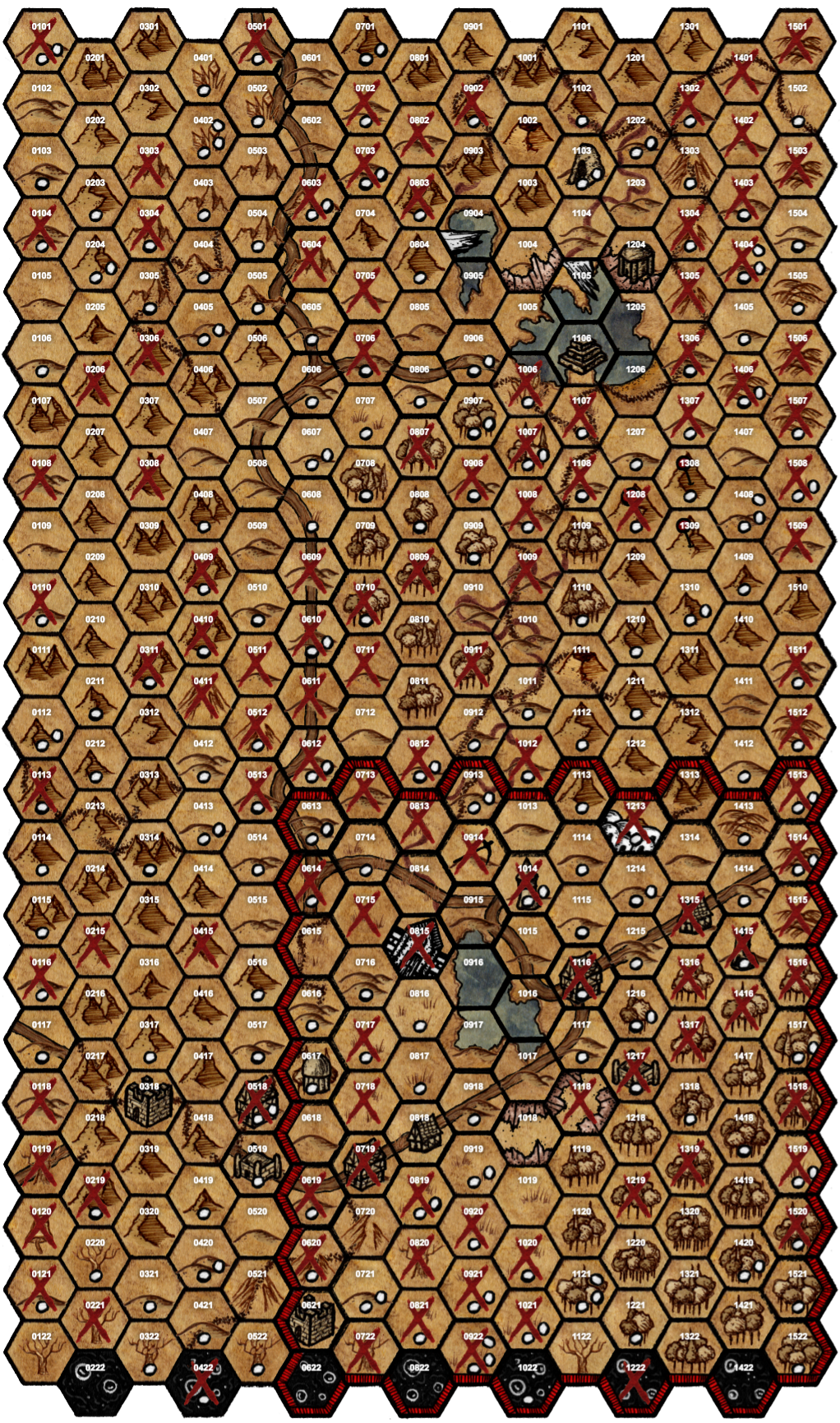 Проходы в горах, тропинки и реки плохо видны. Красные кресты - значимые места. Белые точки (от 1 до 4) - незначительные. Позднее красные кресты заменятся на "объекты" на карте. А белые точки заимеют свои описания в гексах и не будут мешать на карте.