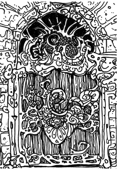 У задней стены крошечного, покрытого паутиной и пылью помещения под лестницей гравёра, где потолок самый высокий, стоит невероятная дверь, три фута в ширину и шесть в высоту. Она окрашена в лазурный синий цвет, с золотыми листьями в закрученных узорах, которые блестят в свете свечей.